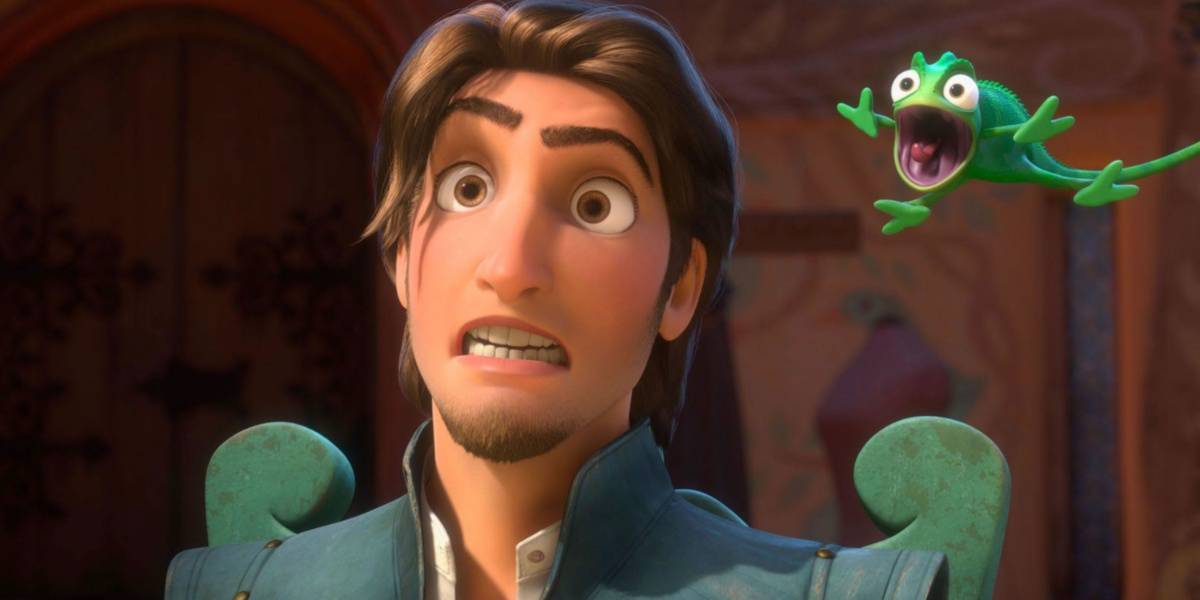 Flynn Rider looking surprised as Pascal leaps in shock off of his shoulder in Tangled