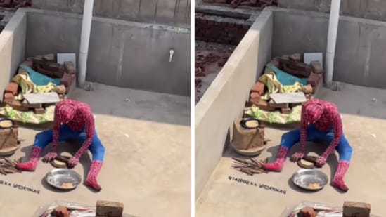 The Jaipur man dressed as Spider-Man was seen making roti in a viral video. (Instagram/jaipur_ka_spiderman)